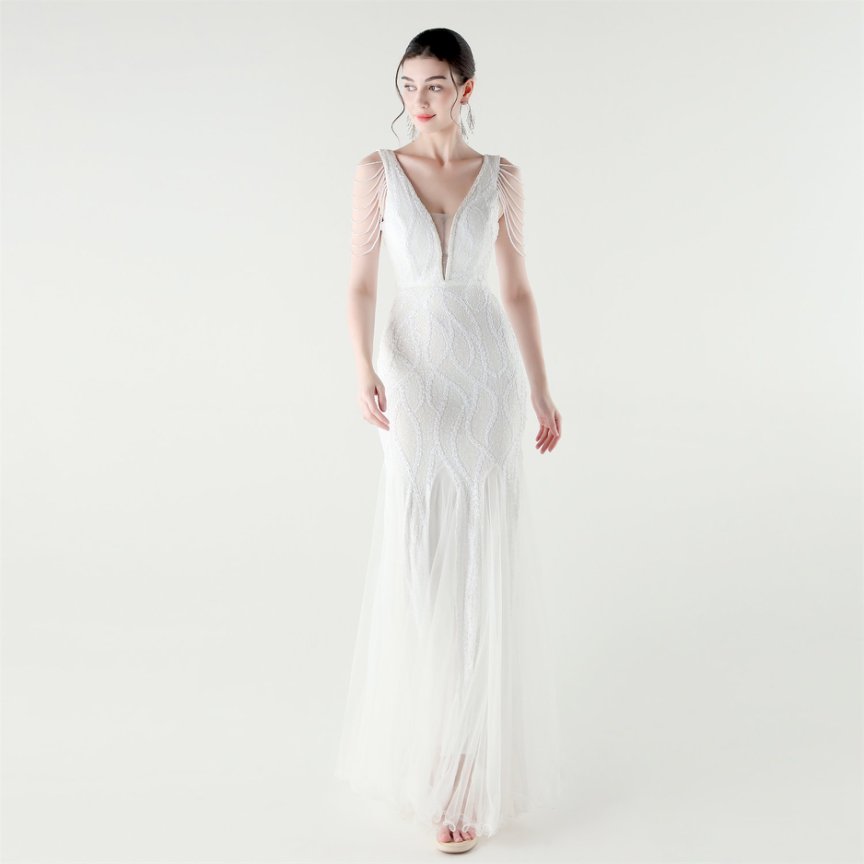 Fashion Crystal Beads with Splits Tail Evening Gown (White) (Made To Order)