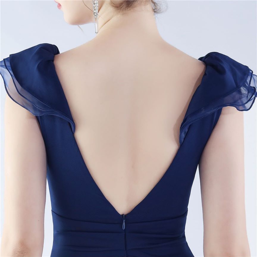 Ruffles Shoulder With Low Back Fitted Evening Gown (Navy Blue) (Made To Order)