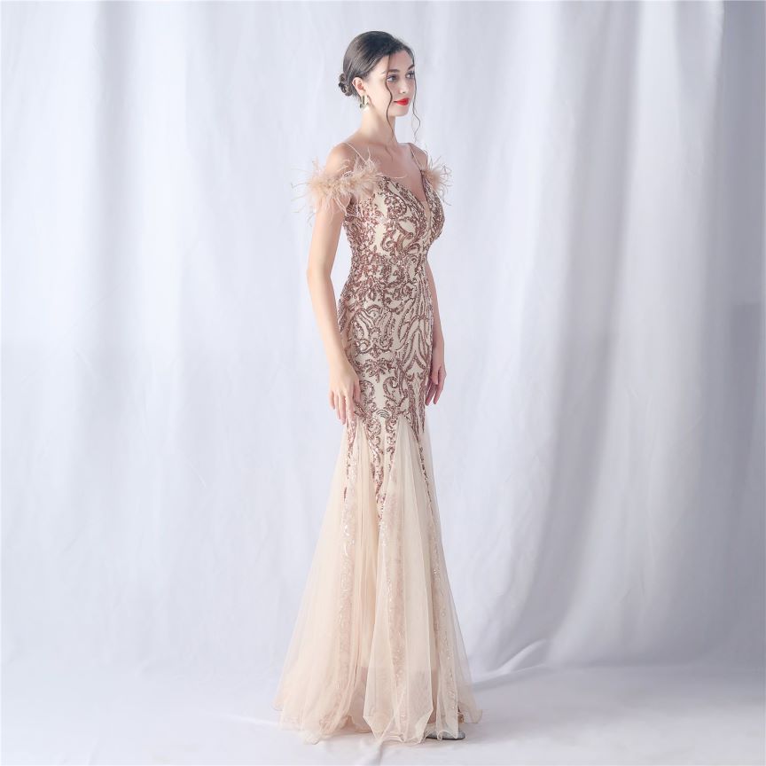 Cold Shoulder Feather Sequins Evening Gown (Rose Gold) (Made To Order)