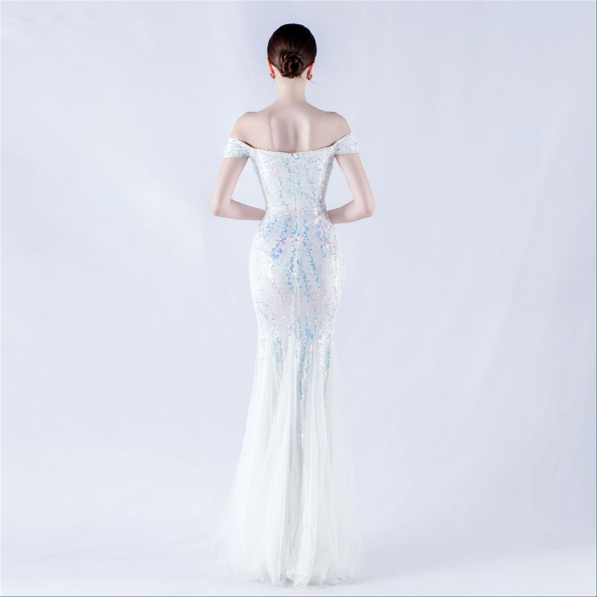Off Shoulder Sequins Tulle Evening Gown (White) (Made To Order)