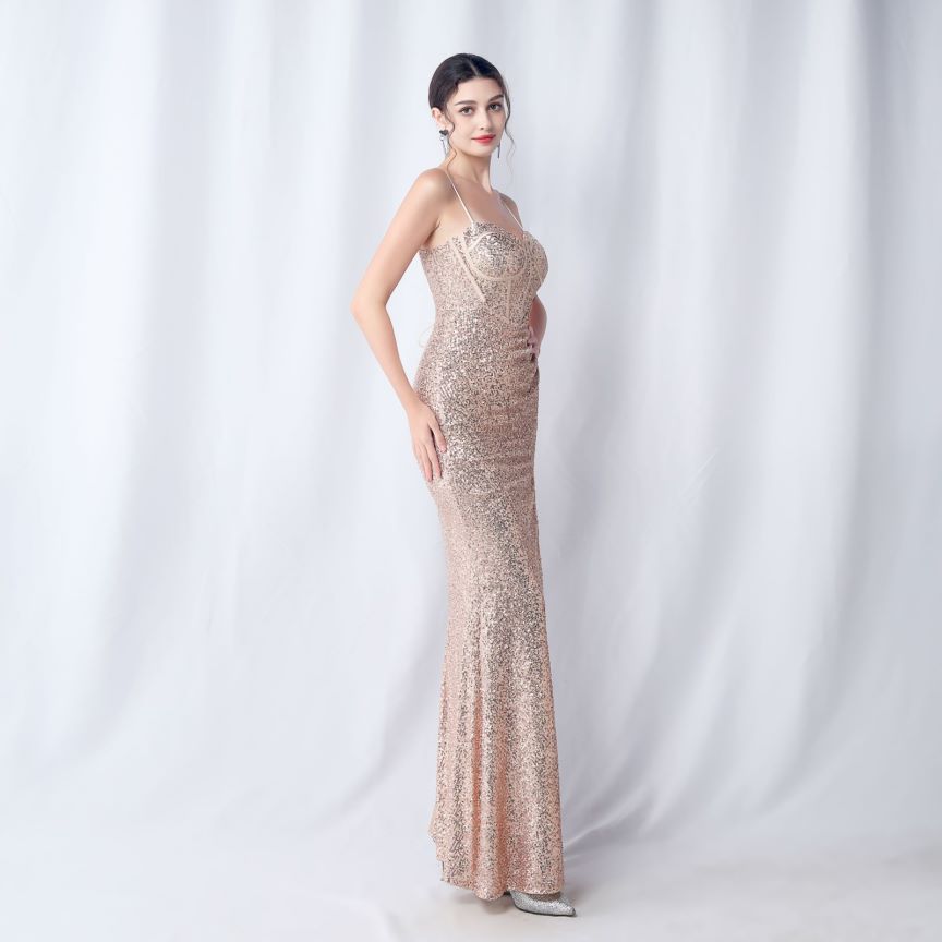 Glamorous Spaghetti Sequins Evening Gown (Rose Gold) (Made To Order)