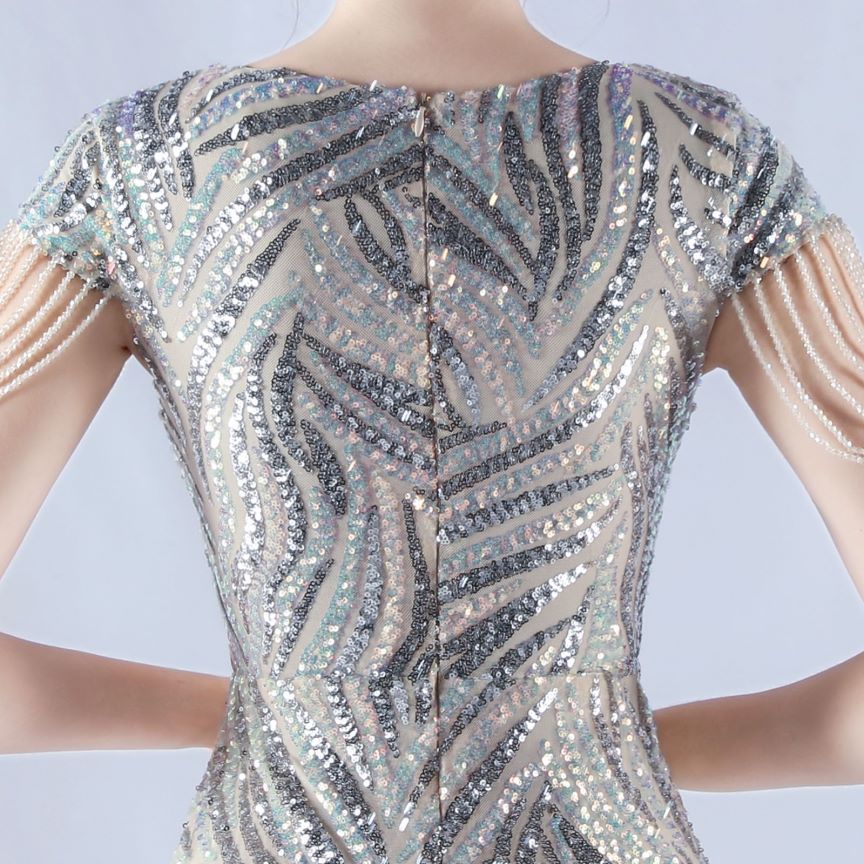 Sleeve Beads Sequins with A Line Evening Gown (Silver) (Made To Order)