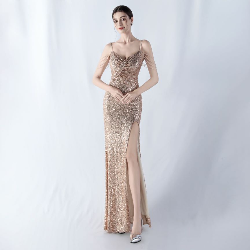 Spaghetti Padded Sequins Slit Gown (Gold) (Made To Order)