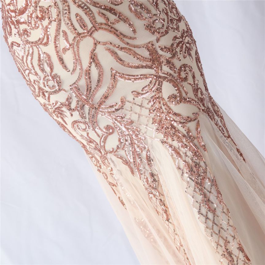 Cold Shoulder Feather Sequins Evening Gown (Rose Gold) (Made To Order)