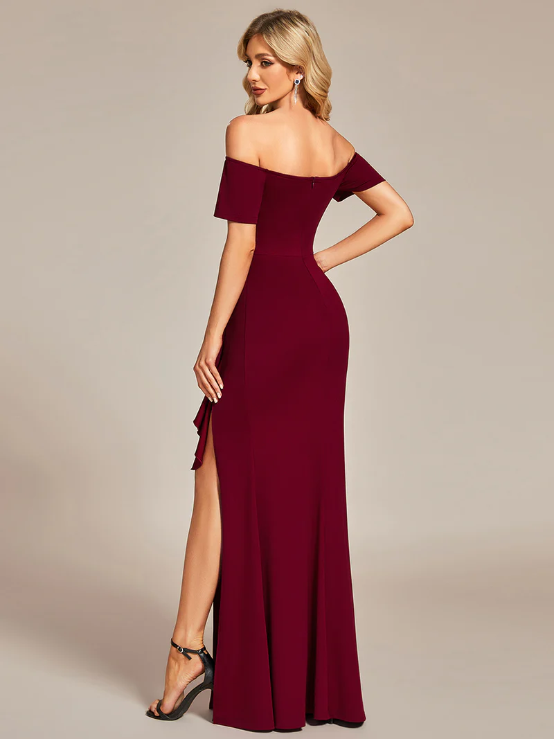 Off Shoulder Split Ruched Evening Dresses (Maroon) (Retail)