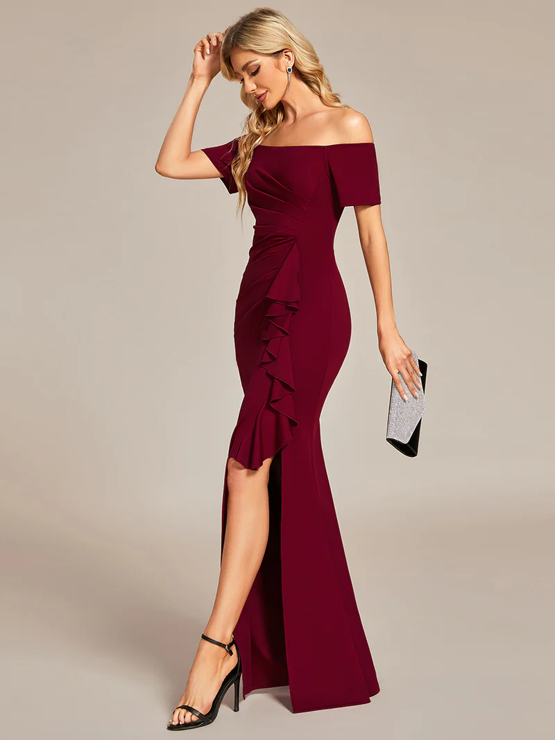 Off Shoulder Split Ruched Evening Dresses (Maroon) (Retail)