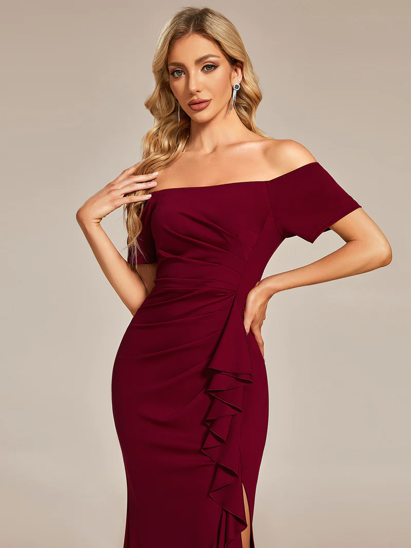 Off Shoulder Split Ruched Evening Dresses (Maroon) (Retail)