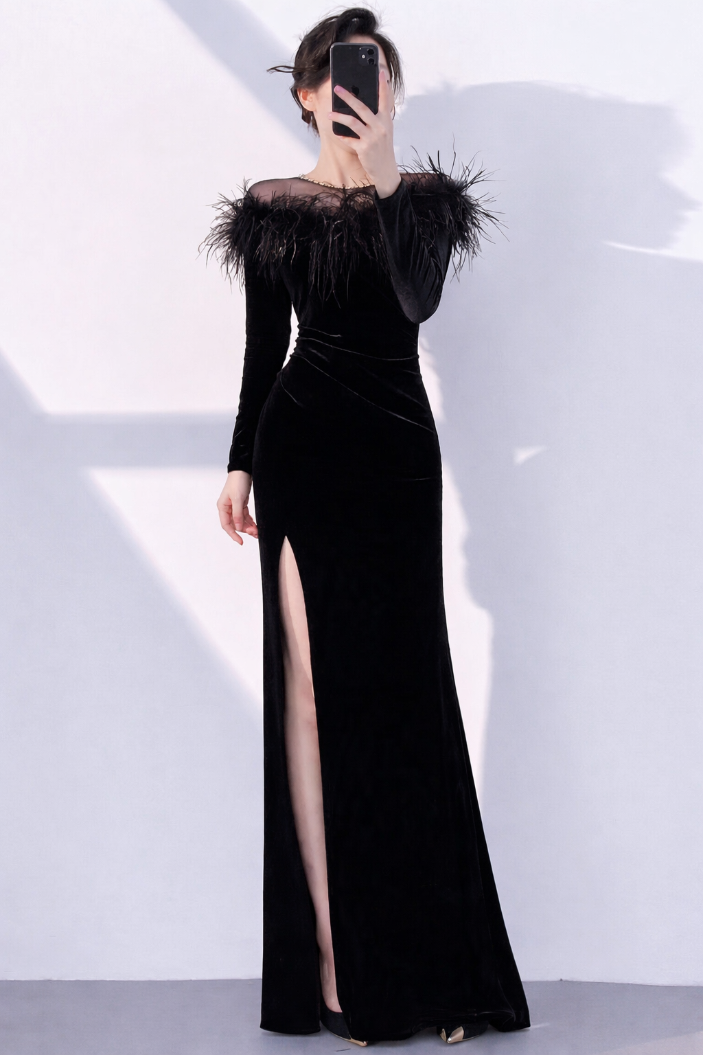 Long Sleeve Feather With High Slit Velvet Gown (Black) 
