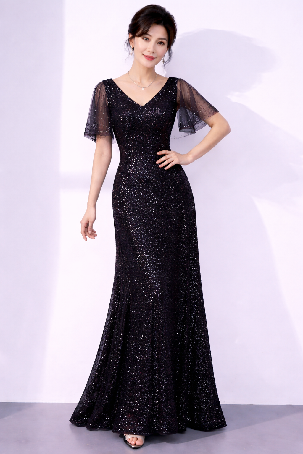 V-Neck Sequins in A-line Gown (Black)