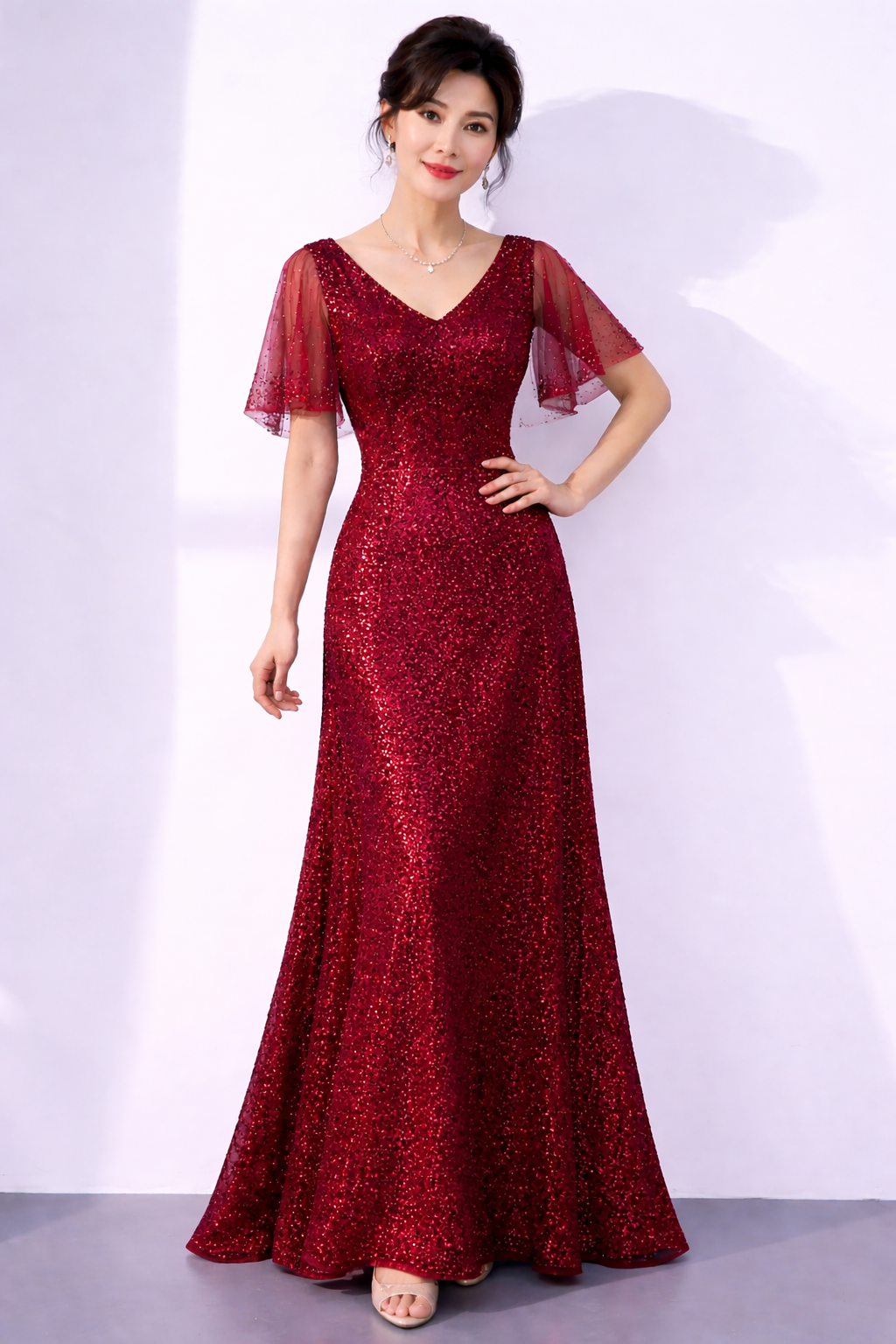 V-Neck Sequins in A-line Gown (Maroon)