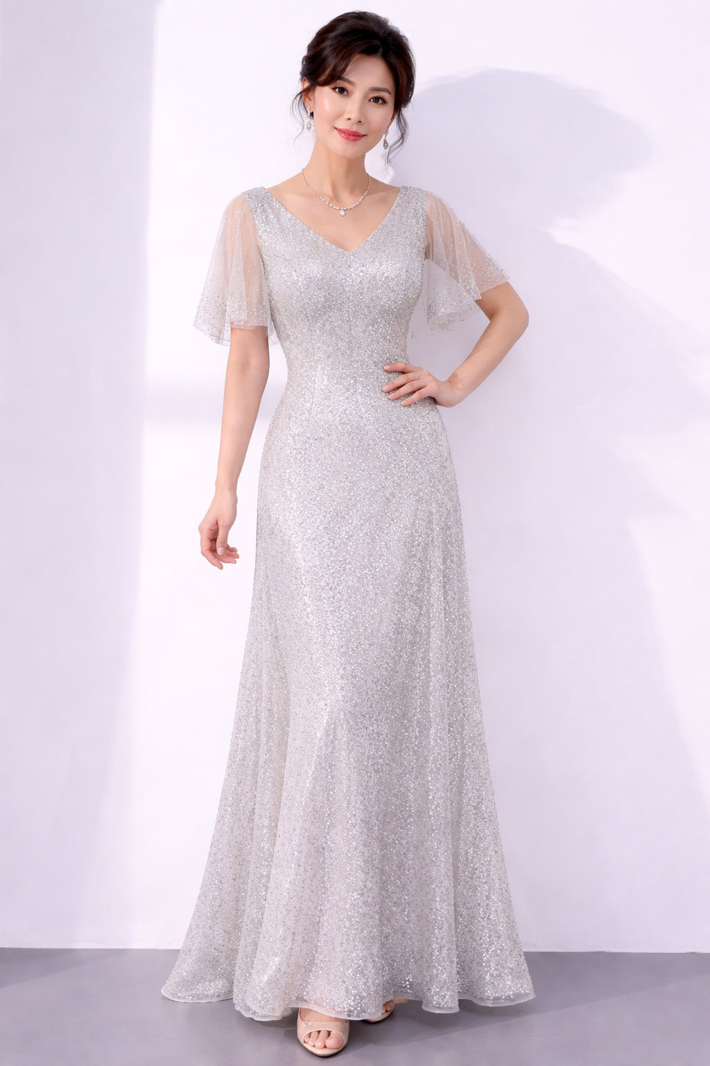 V-Neck Sequins in A-line Gown (Silver)
