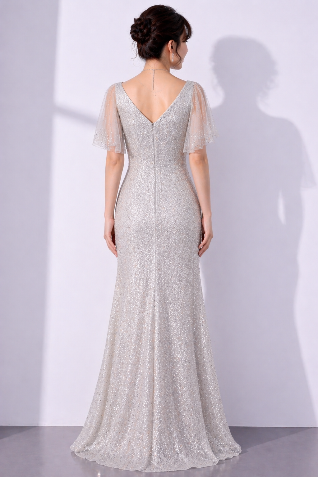 V-Neck Sequins in A-line Gown (Silver)