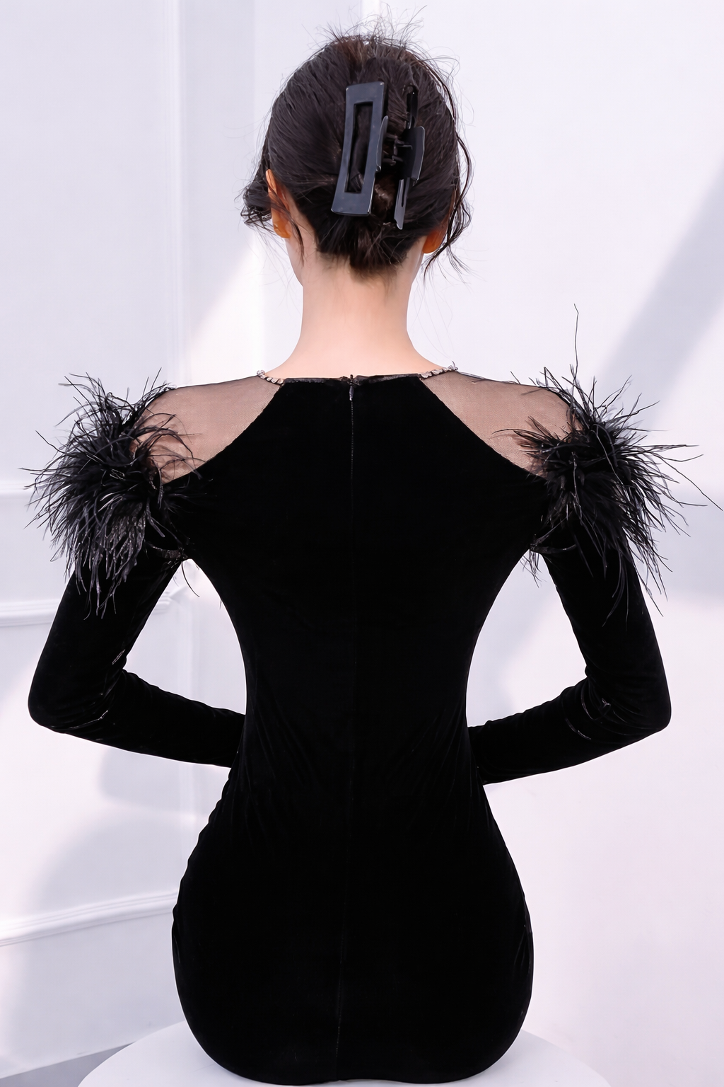 Long Sleeve Feather With High Slit Velvet Gown (Black) (Retail)
