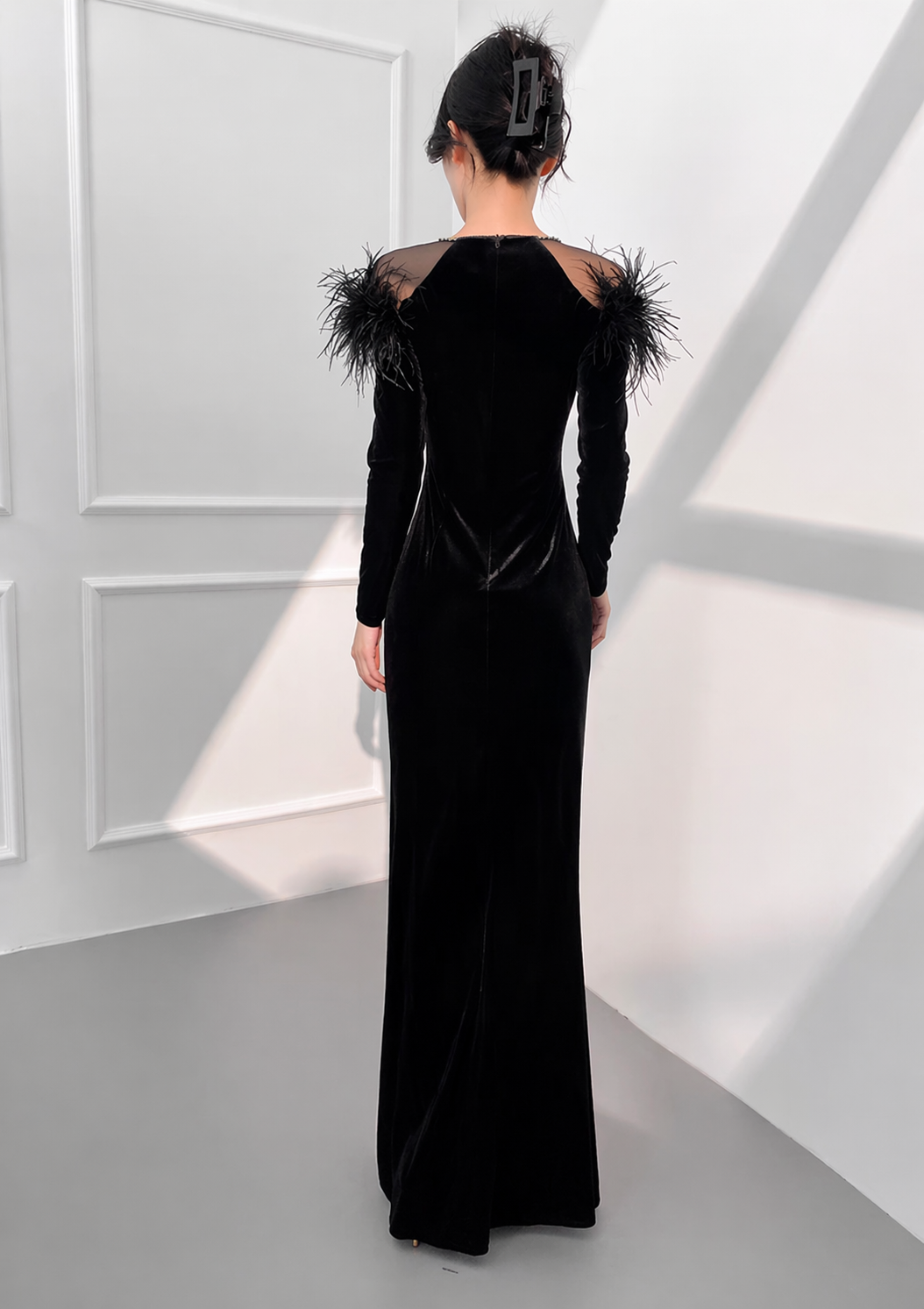 Long Sleeve Feather With High Slit Velvet Gown (Black) (Retail)