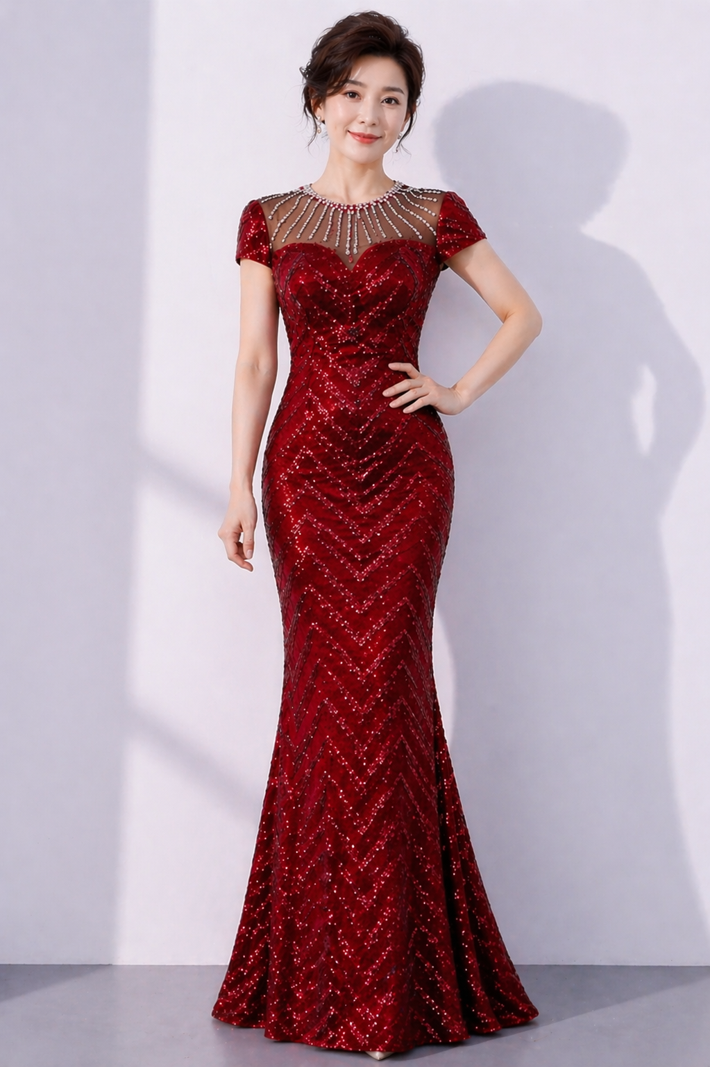 Cape Sleeve Round Neck Sequins Mermaid Gown (Red) 