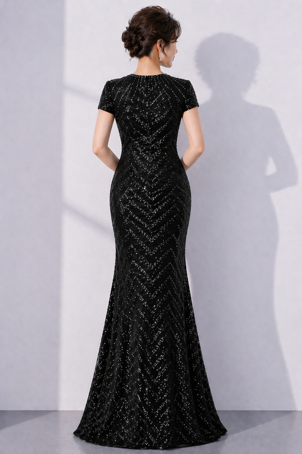 Cape Sleeve Round Neck Sequins Mermaid Gown (Black) 