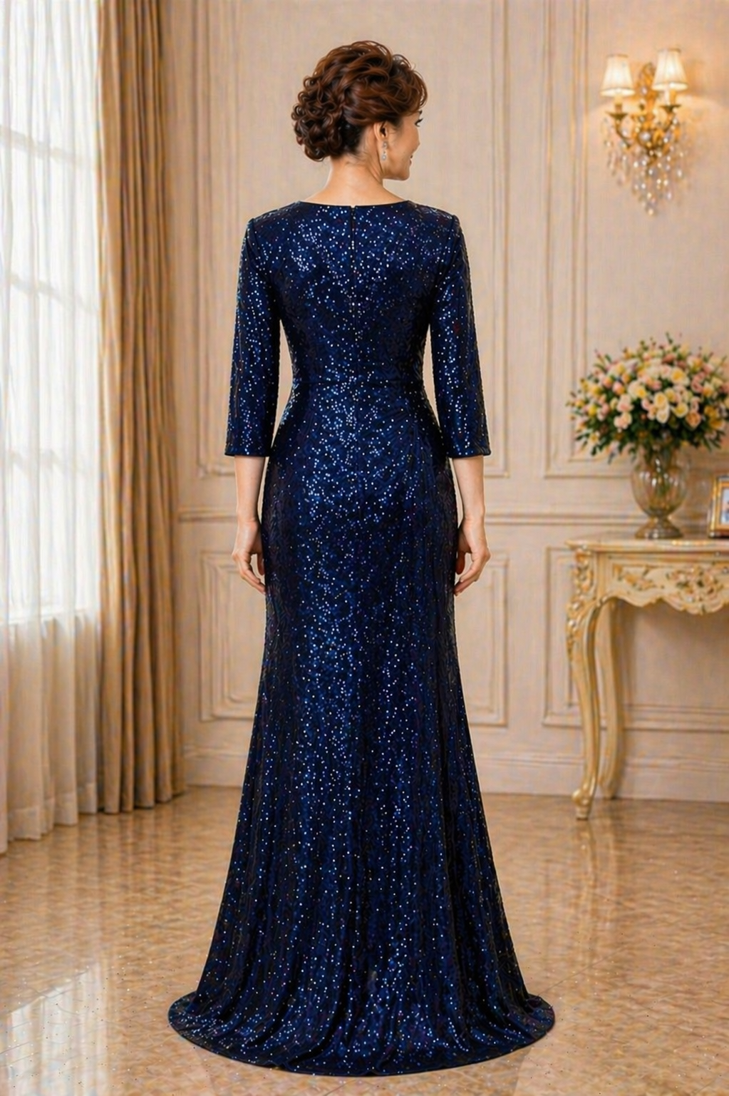3/4 Sleeve Mermaid Sequins Evening Gown (Navy Blue)