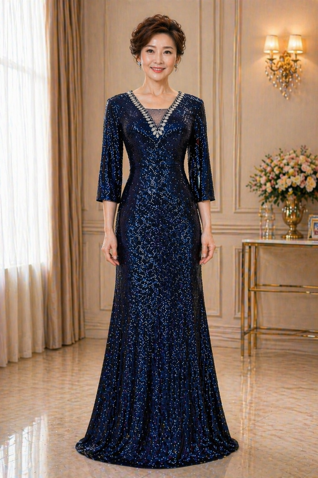 3/4 Sleeve Mermaid Sequins Evening Gown (Navy Blue)