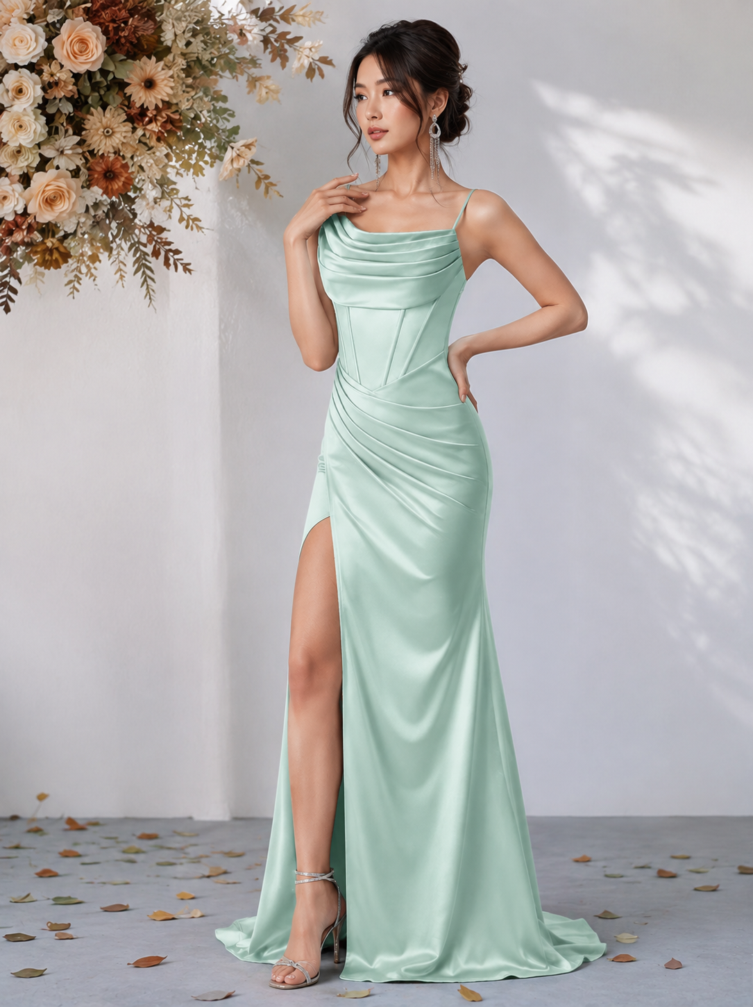 Assymetric Neckline Satin Overlap Slit Evening Gown (Mint) (Retail)