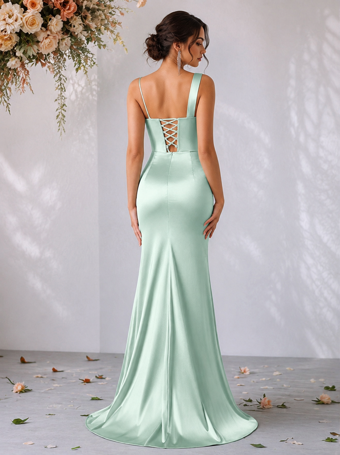 Assymetric Neckline Satin Overlap Slit Evening Gown (Mint) (Retail)