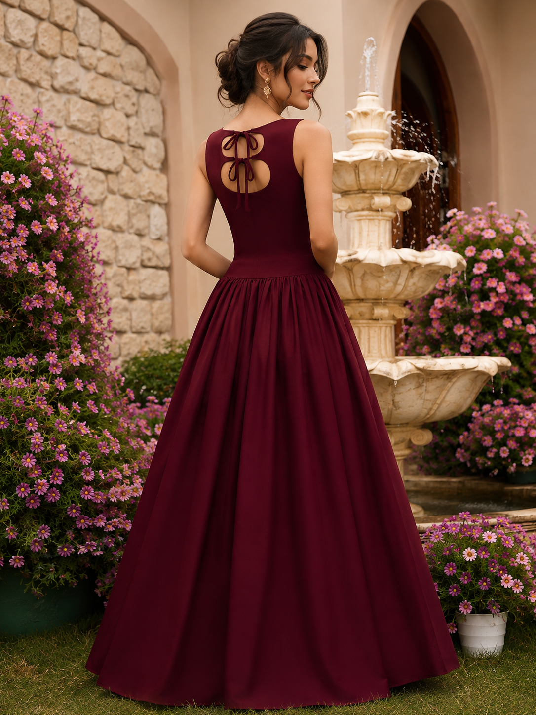 Burgundy Sleeveless A-Line Evening Gown
