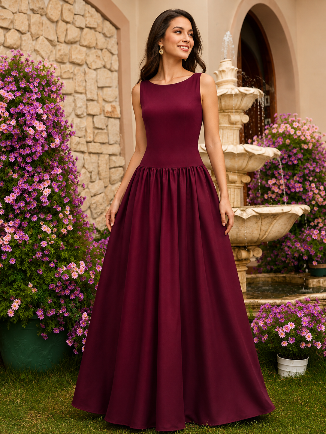 Burgundy Sleeveless A-Line Evening Gown