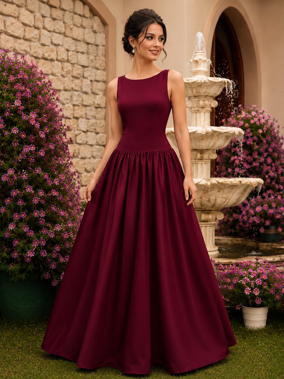 Burgundy Sleeveless A-Line Evening Gown