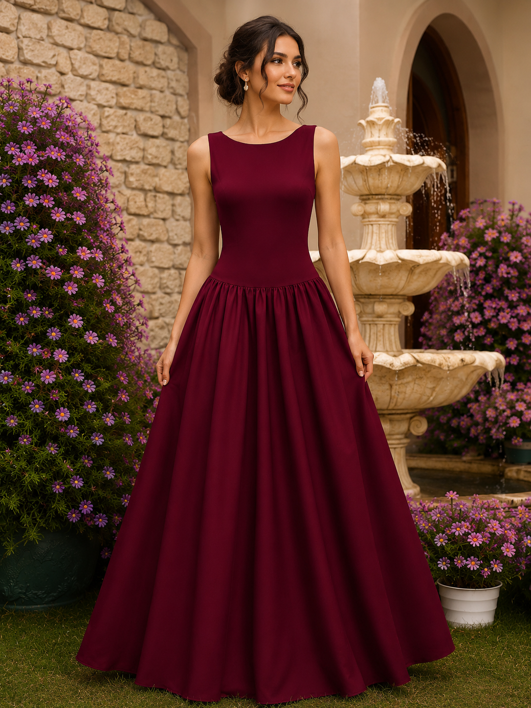 Burgundy Sleeveless A-Line Evening Gown