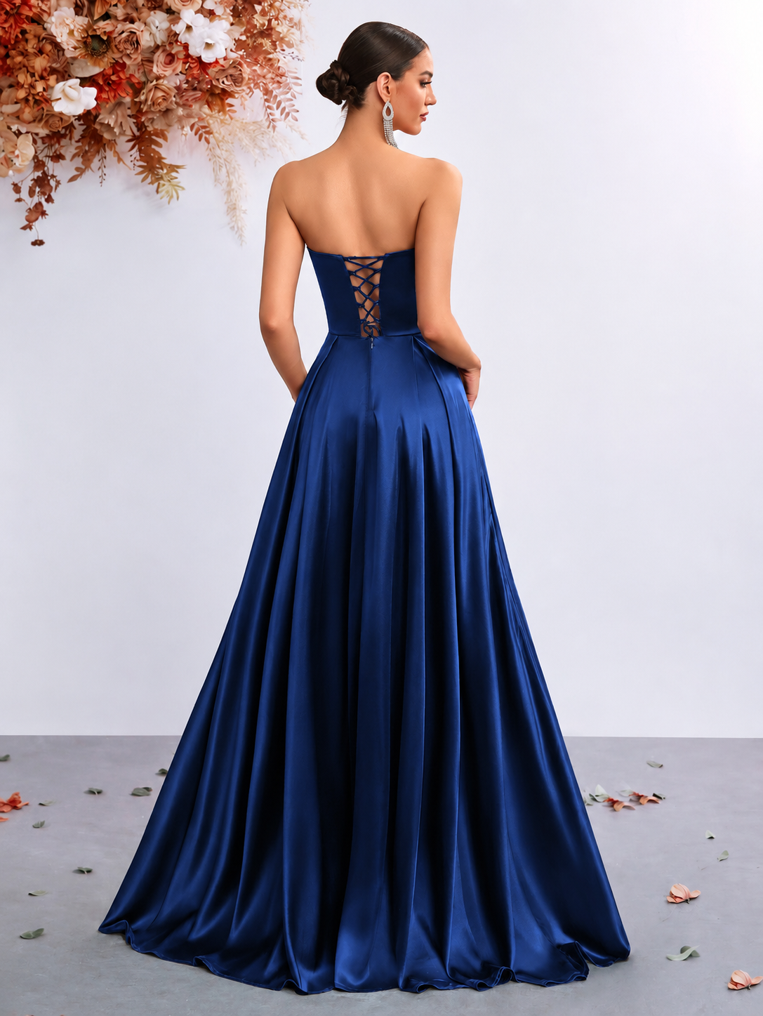  Strapless Satin A-Line Evening Gown (Navy Blue) (Retail)