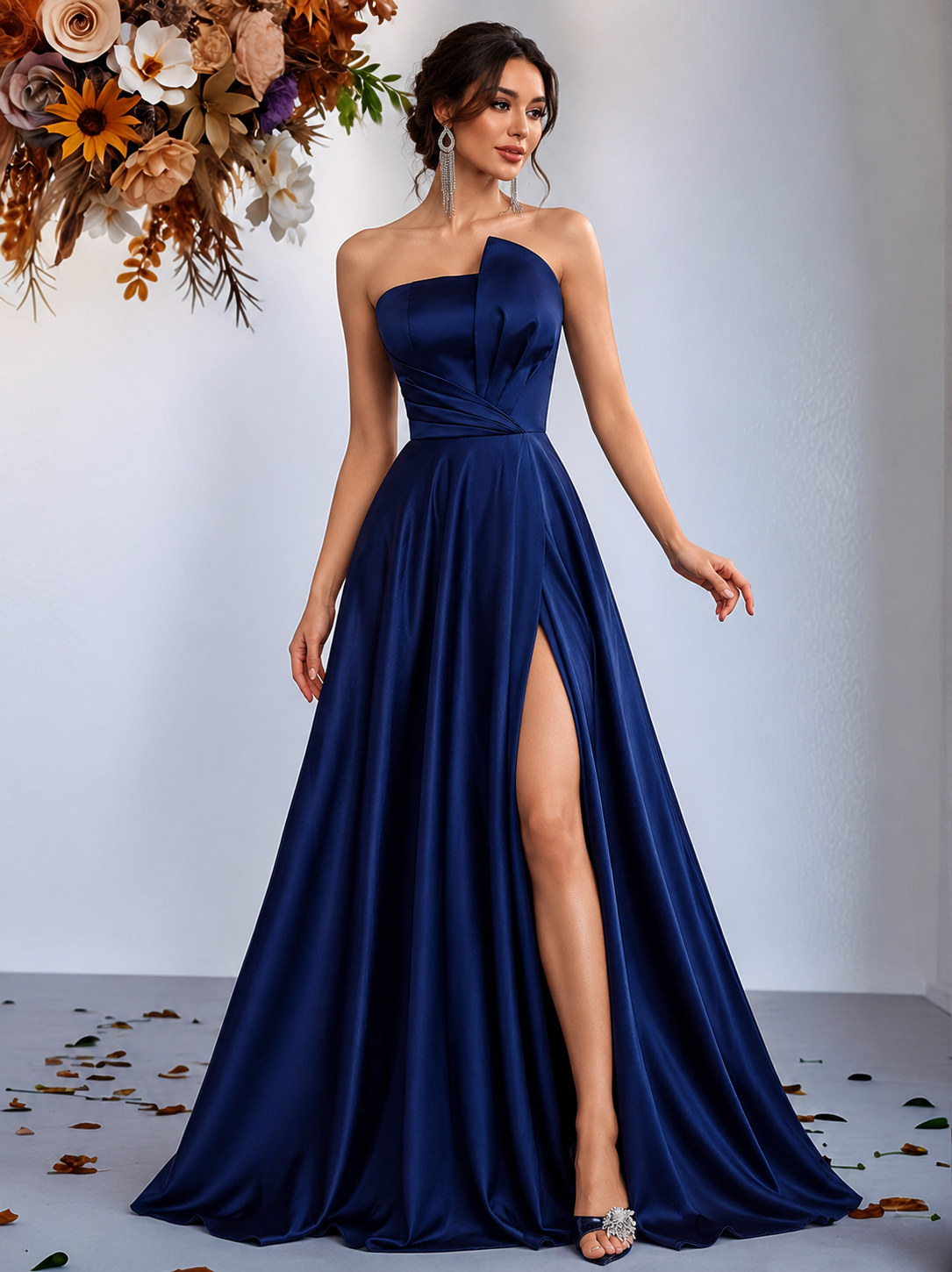  Strapless Satin A-Line Evening Gown (Navy Blue) (Retail)