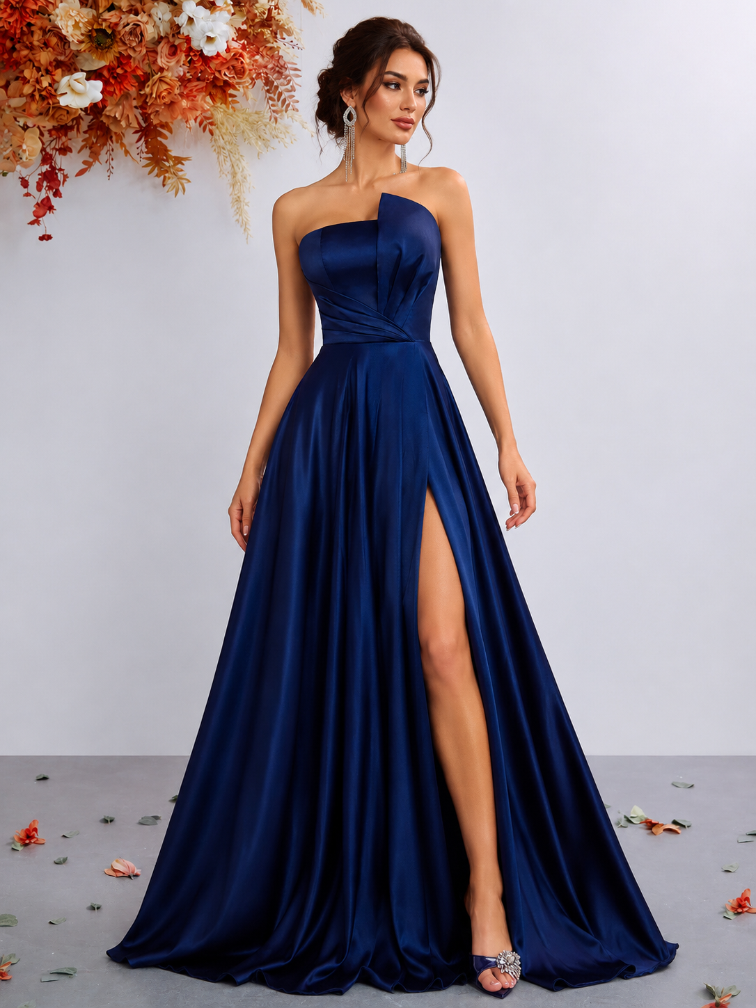  Strapless Satin A-Line Evening Gown (Navy Blue) (Retail)