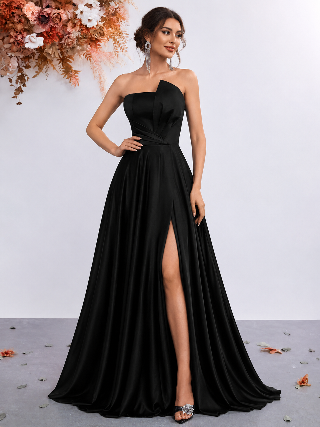 Strapless Satin A-Line Evening Gown (Black) (Retail)