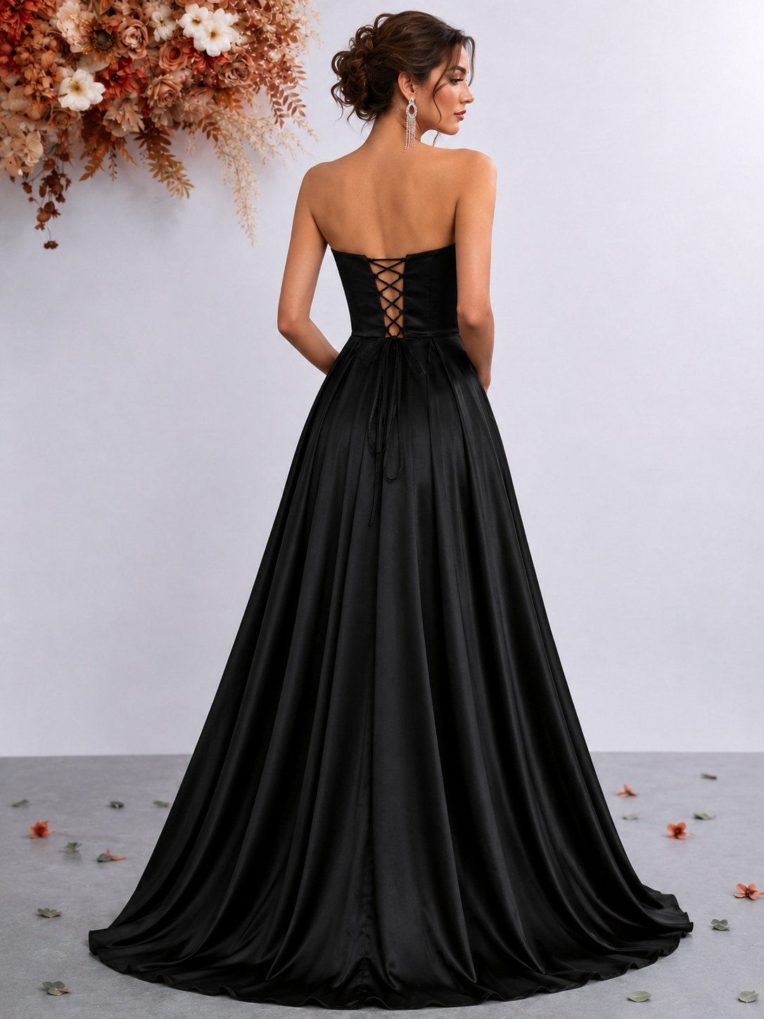 Strapless Satin A-Line Evening Gown (Black) (Retail)