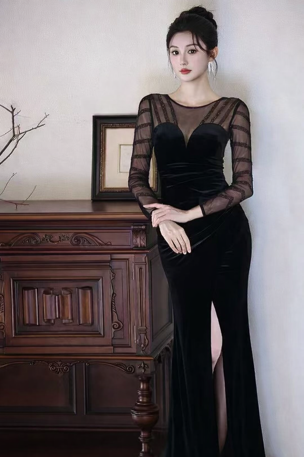Sexy Black Mesh Long Sleeve Dinner Gown (Retail)