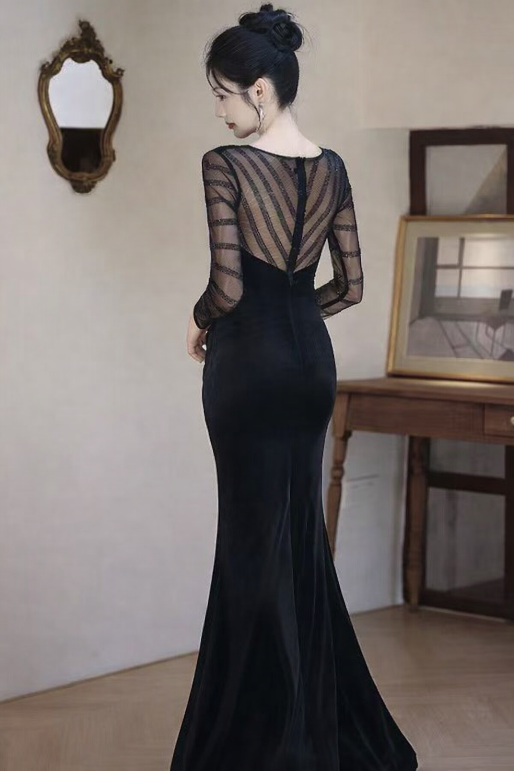 Sexy Black Mesh Long Sleeve Dinner Gown (Retail)