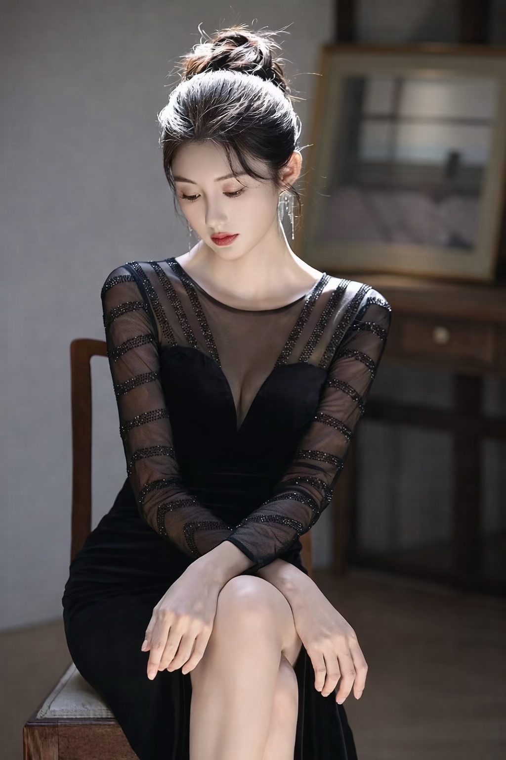 Sexy Black Mesh Long Sleeve Dinner Gown (Retail)