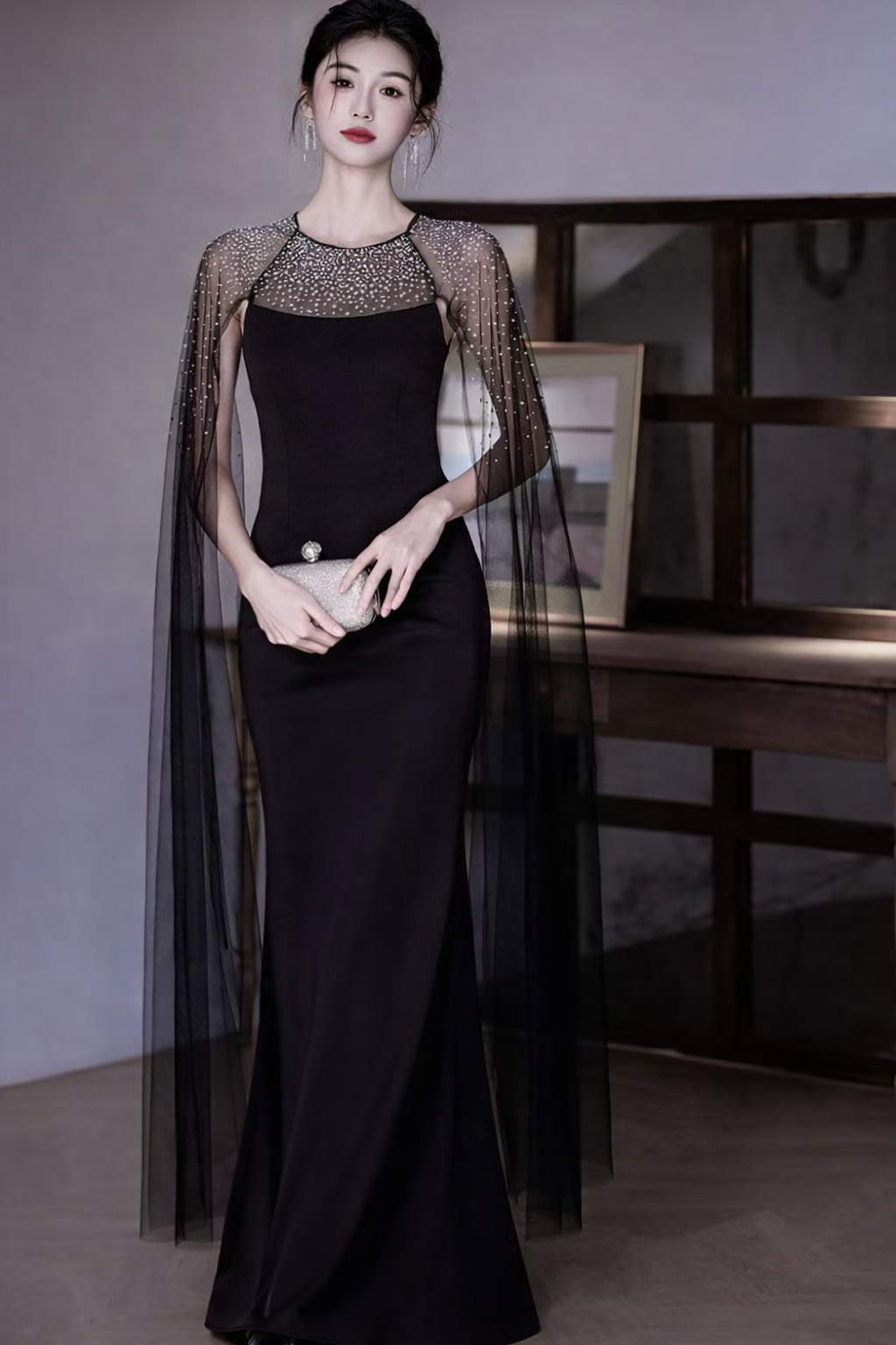 Elegant Black Crystal Cape Evening Gown (Black) (Retail)