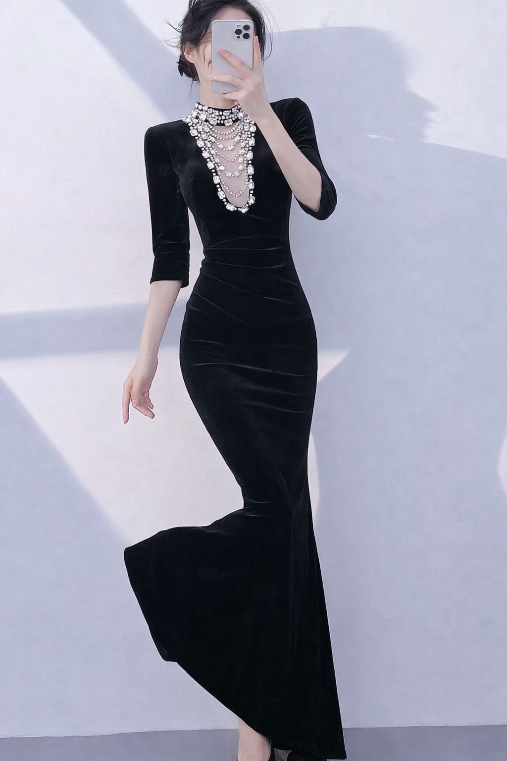 Luxury Black Velvet Mermaid Evening Gown with Crystal Necklace Neckline (Retail)