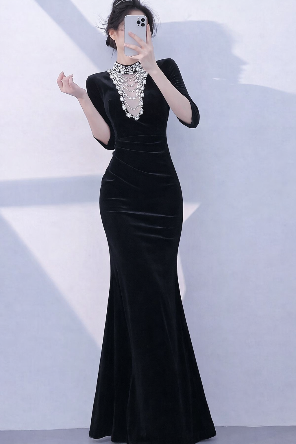 Luxury Black Velvet Mermaid Evening Gown with Crystal Necklace Neckline (Retail)