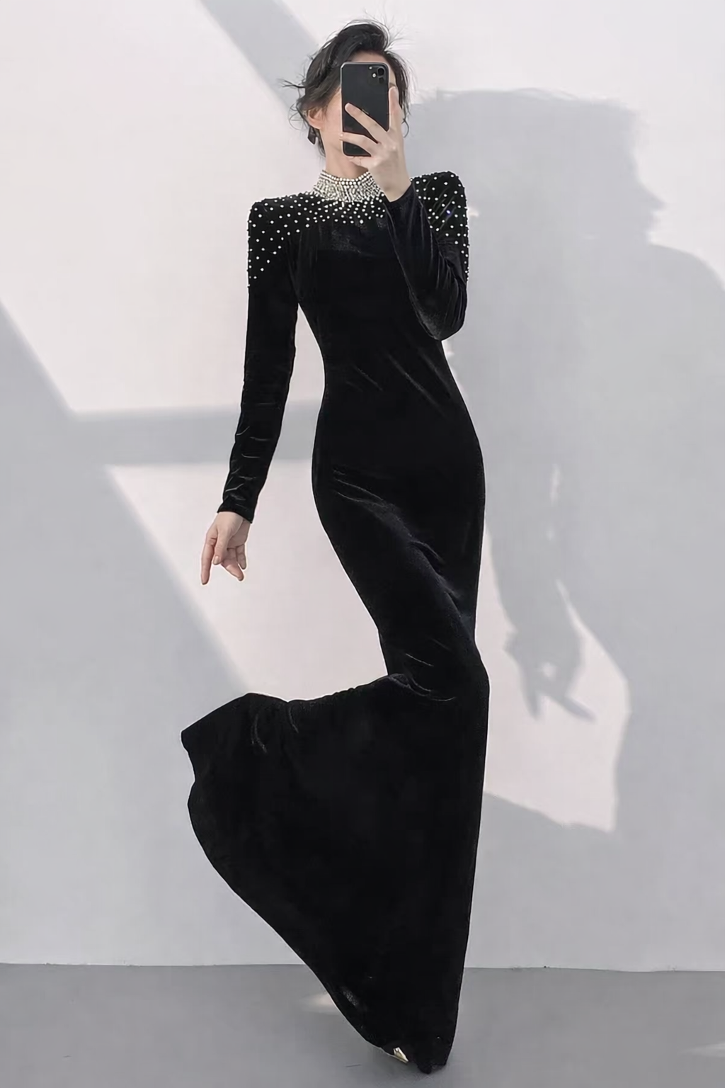 High Neck Long Sleeve Velvet Black Evening Gown (Made To Order) 