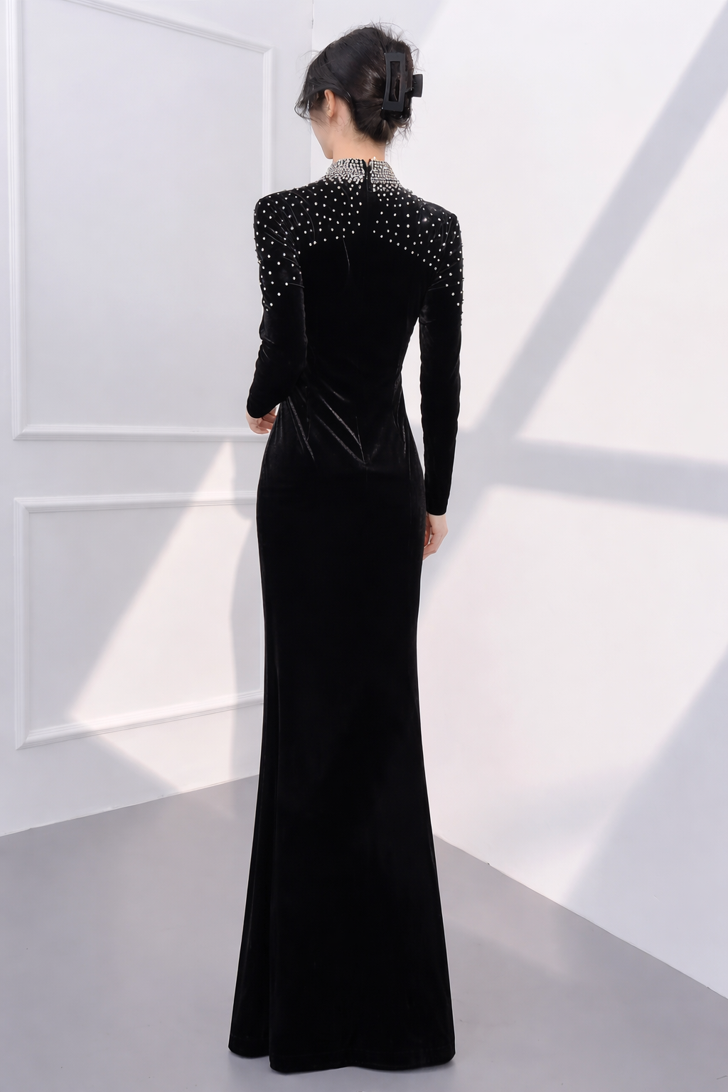High Neck Long Sleeve Velvet Black Evening Gown (Made To Order) 
