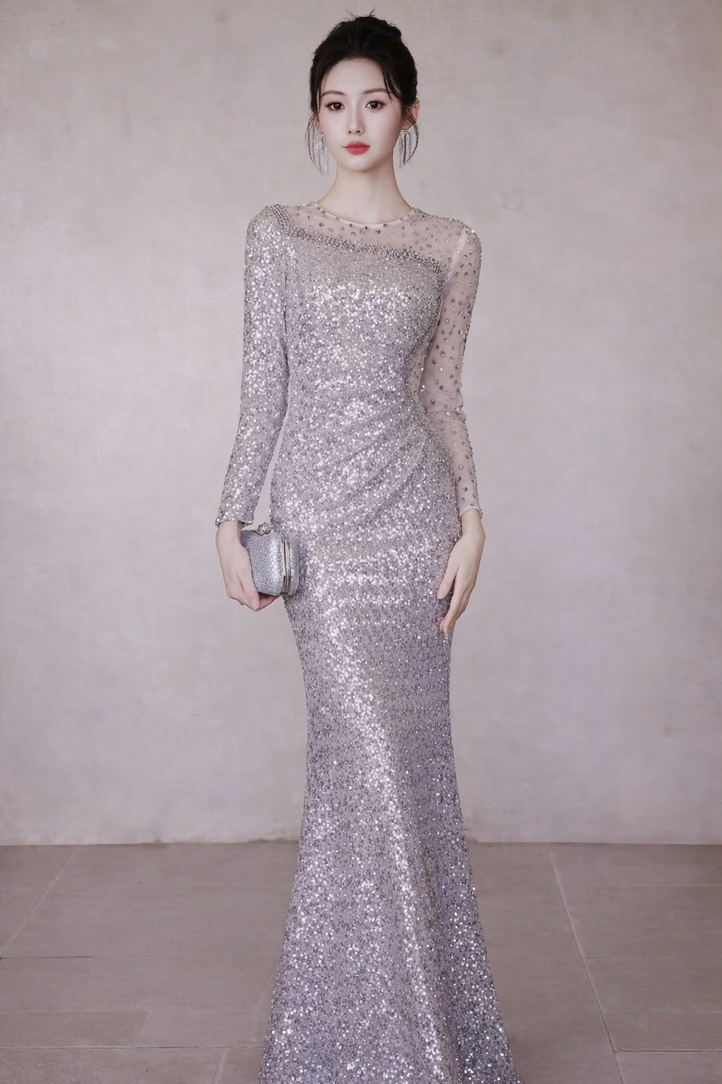 Long Sleeve Mermaid Evening Gown (Silver) (Retail)
