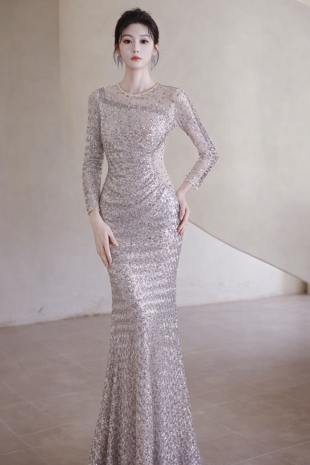 Long Sleeve Mermaid Evening Gown (Silver) (Retail)