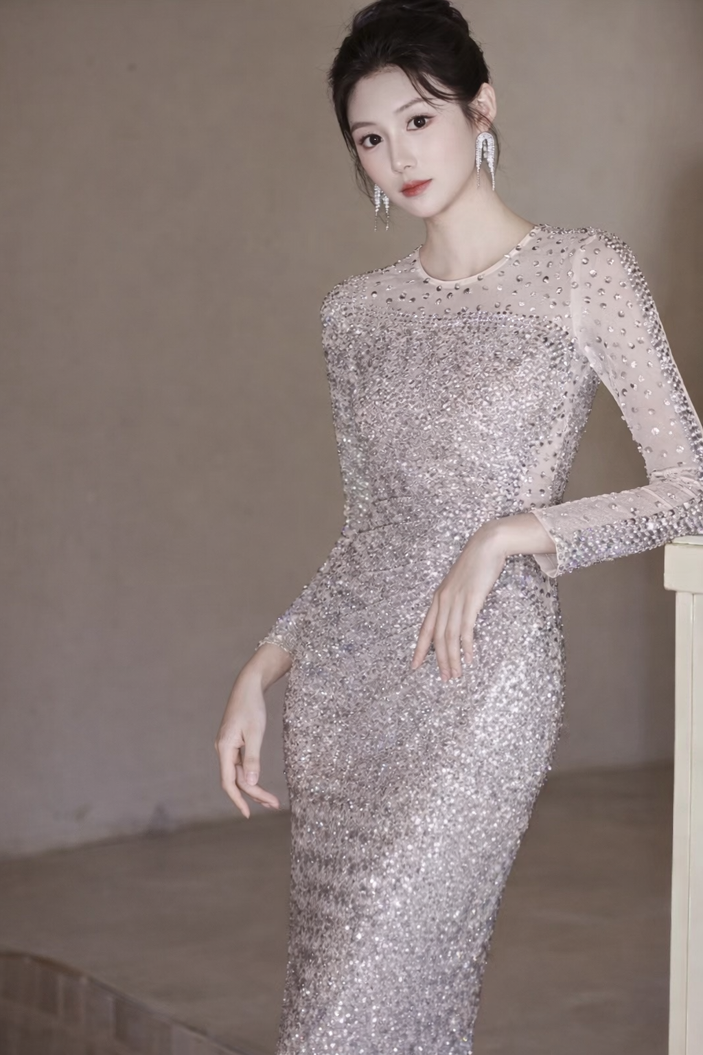 Long Sleeve Mermaid Evening Gown (Silver) (Retail)