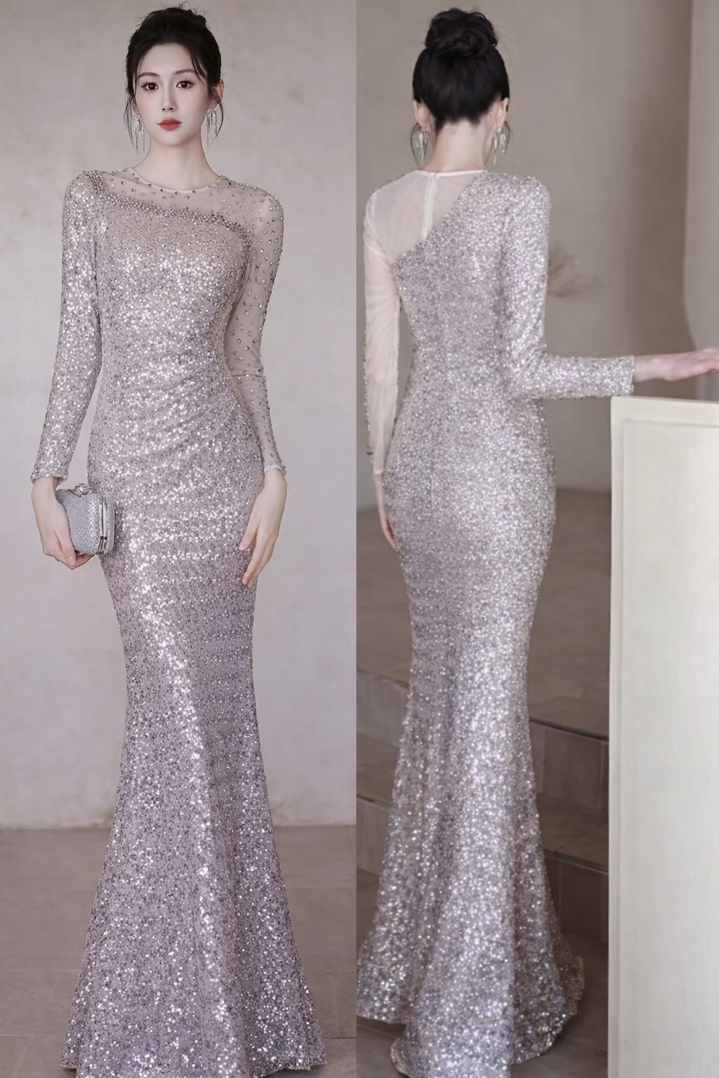 Long Sleeve Mermaid Evening Gown (Silver) (Retail)