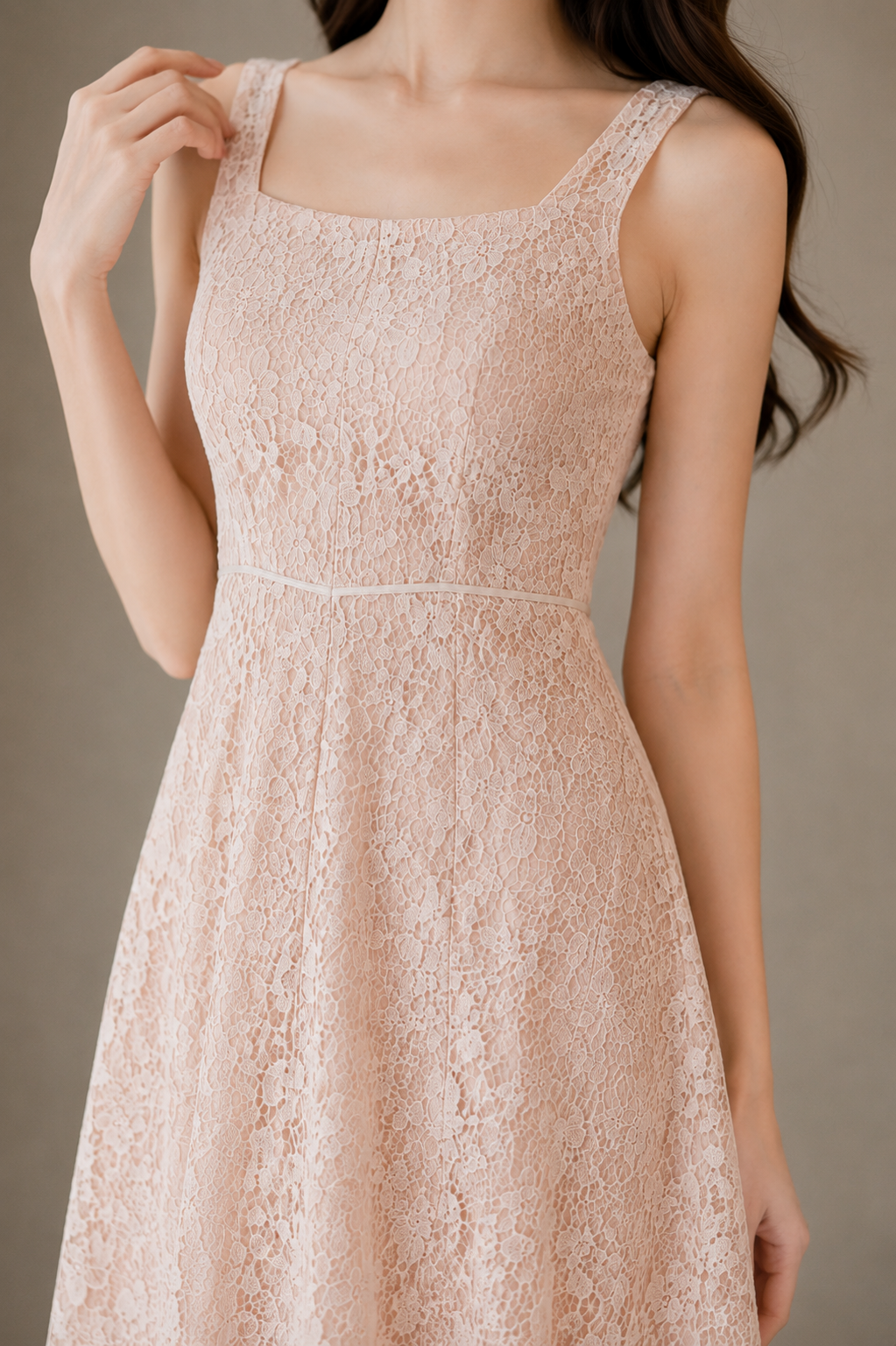 Elegant Square Neck Lace Midi Dress (Made To Order)