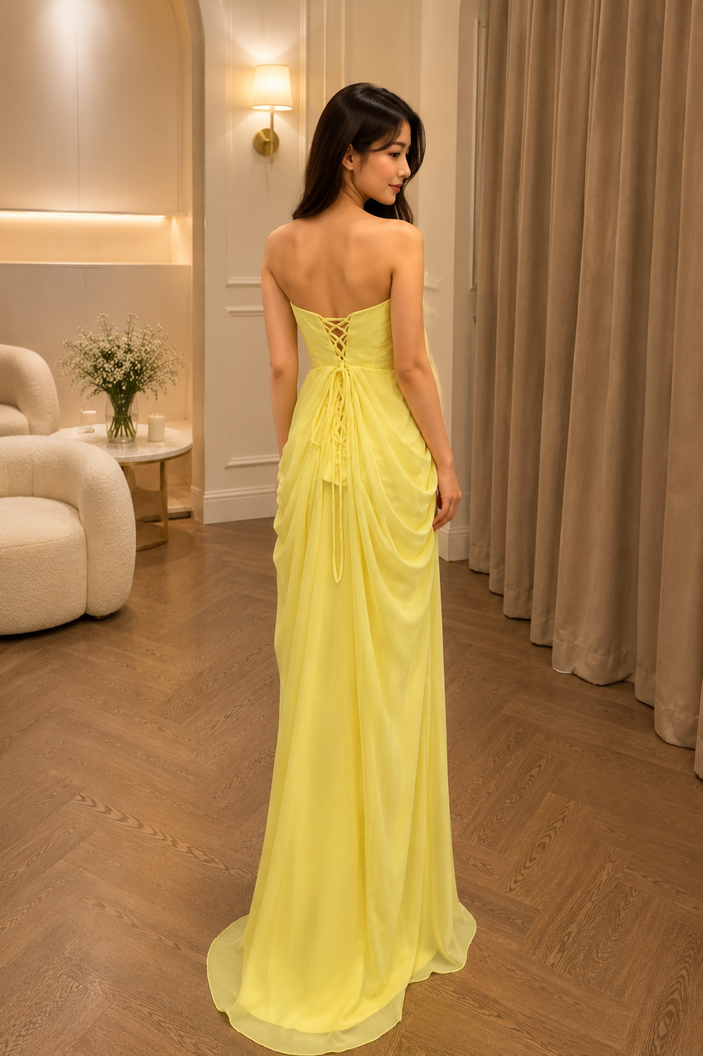 Aurora Yellow Draped Evening Gown (Yellow) (Make To Order)