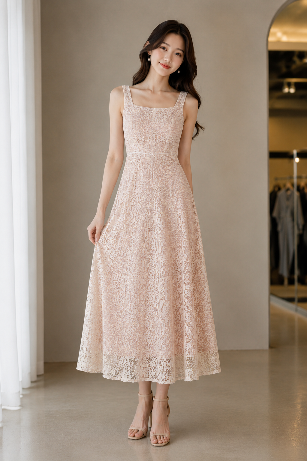 Elegant Square Neck Lace Midi Dress (Made To Order)