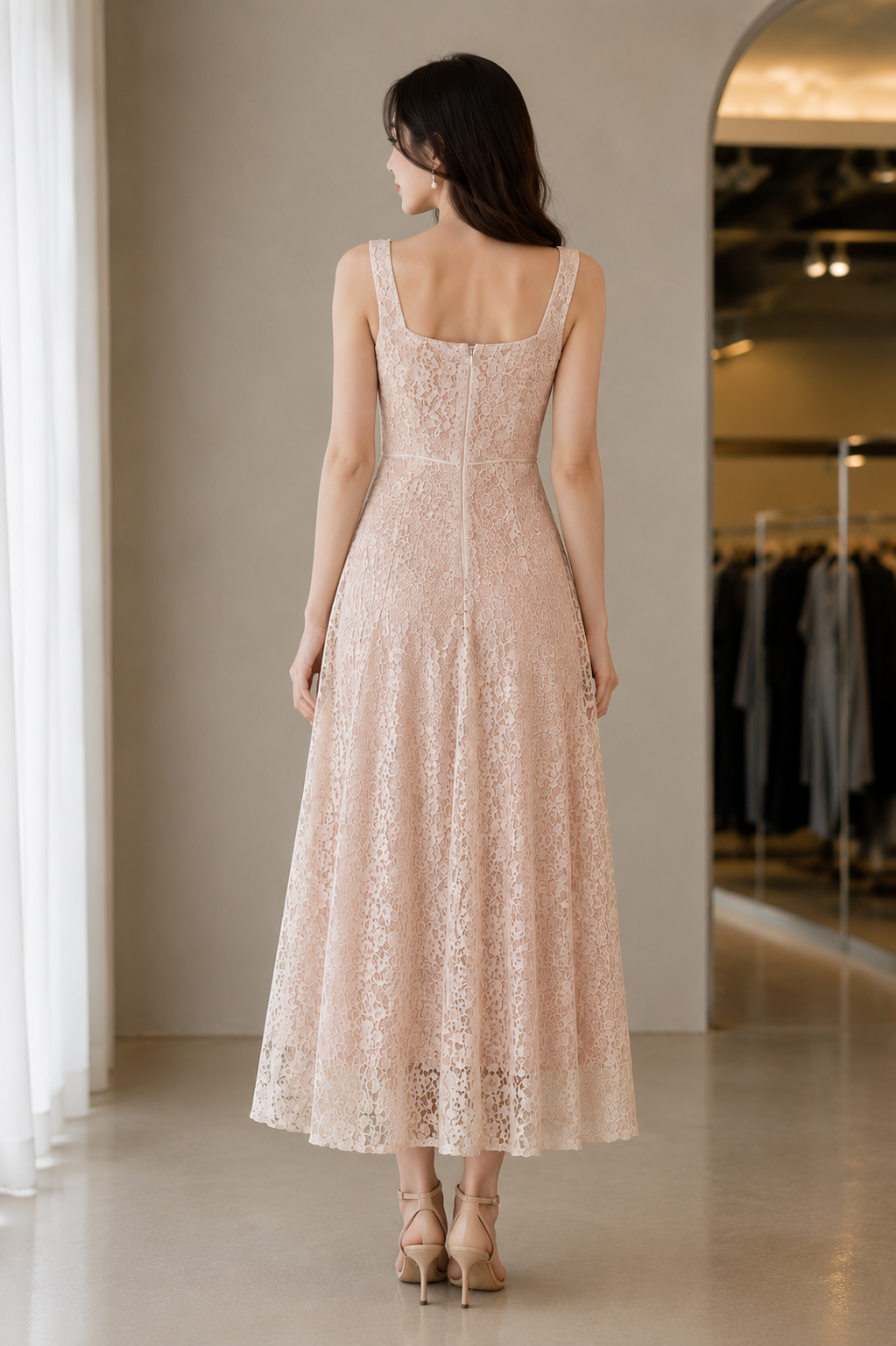 Elegant Square Neck Lace Midi Dress (Made To Order)