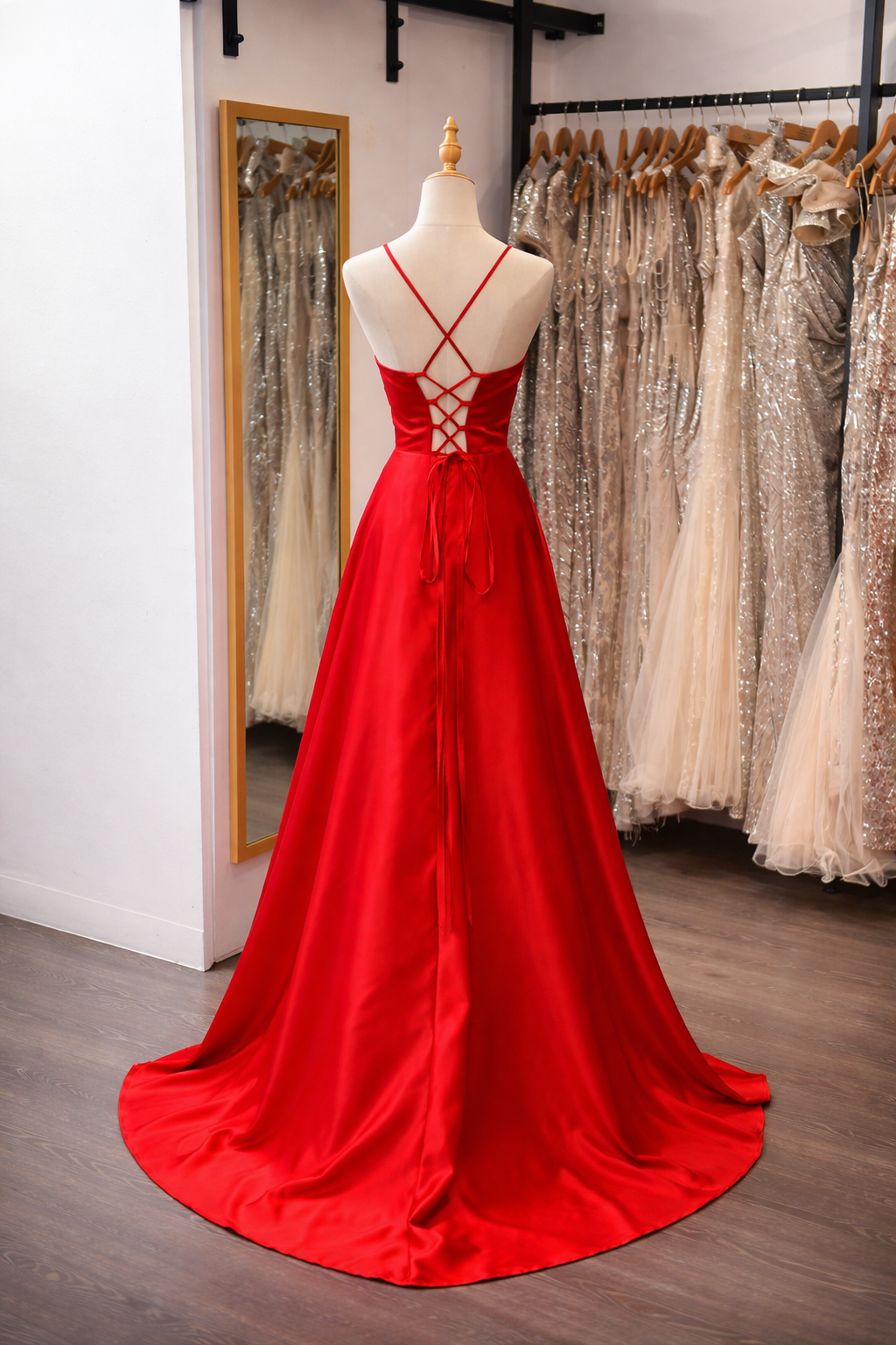 Simple Spaghetti Pleated Design Trail Gown (Retail)